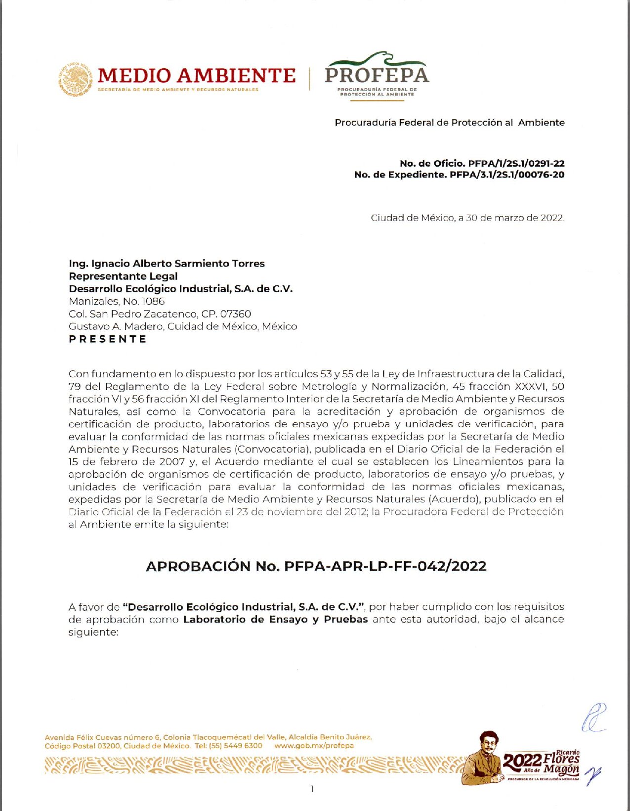 Portada de APROBACIONPROFEPA-PFPA-APR-LP-FF-042-22-VIGENCIA30marzo2022a30marzo2026