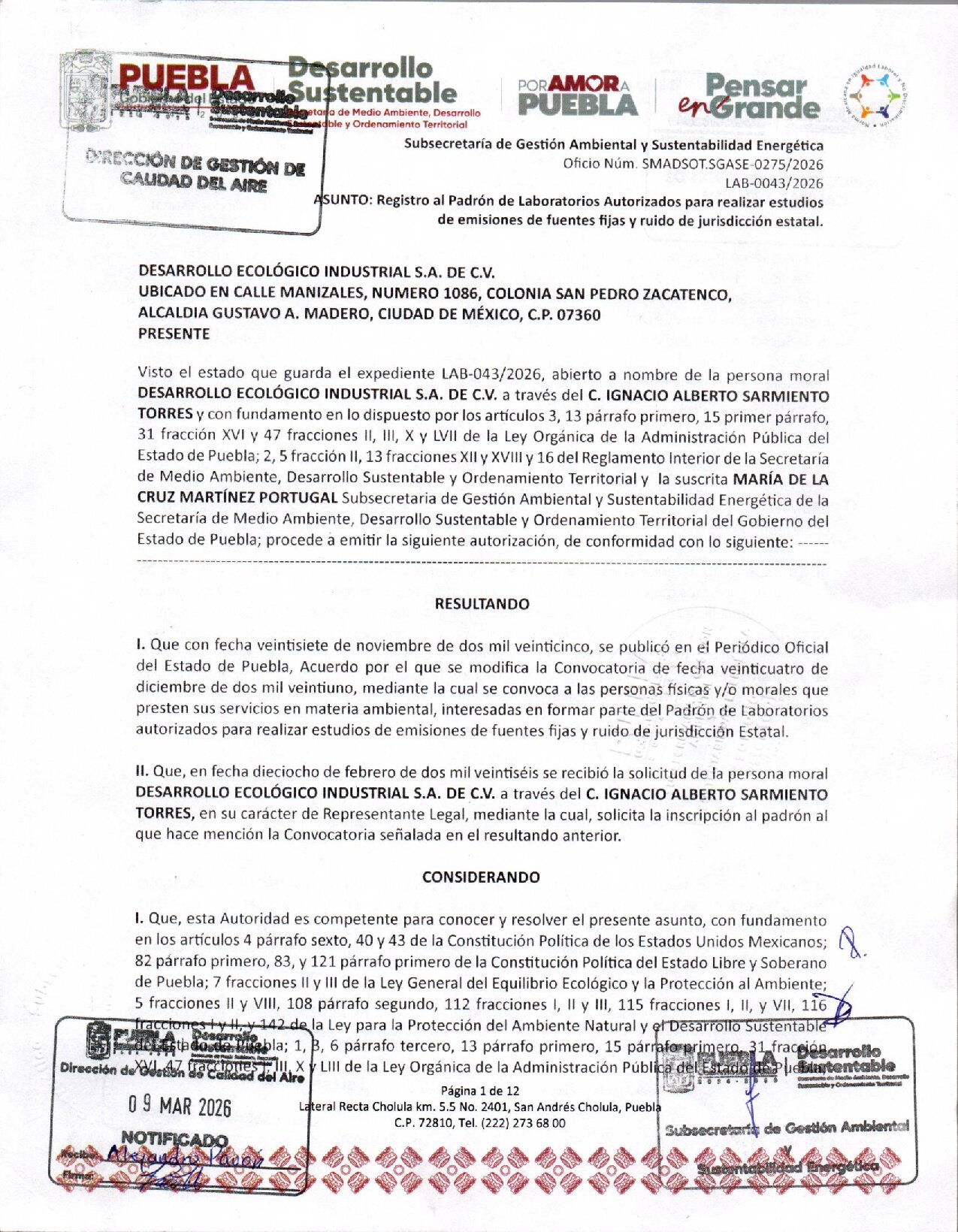 Portada de REGISTRO-PADRÓN DE LABORATORIOS-PUEBLA-EMISIONES